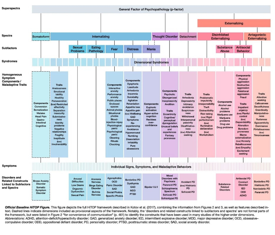 Hierarchical Taxonomy of Psychopathology (HiTOP) framework chart depicting the organization of psychopathology, including spectra, subfactors, syndromes, and symptoms.