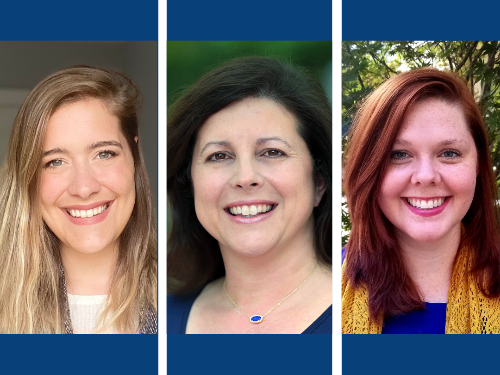 Samantha Hellberg, M.A., Jennifer Kirby, Ph.D., and Tiffany Hopkins, Ph.D., smiling in professional headshots against different backgrounds.